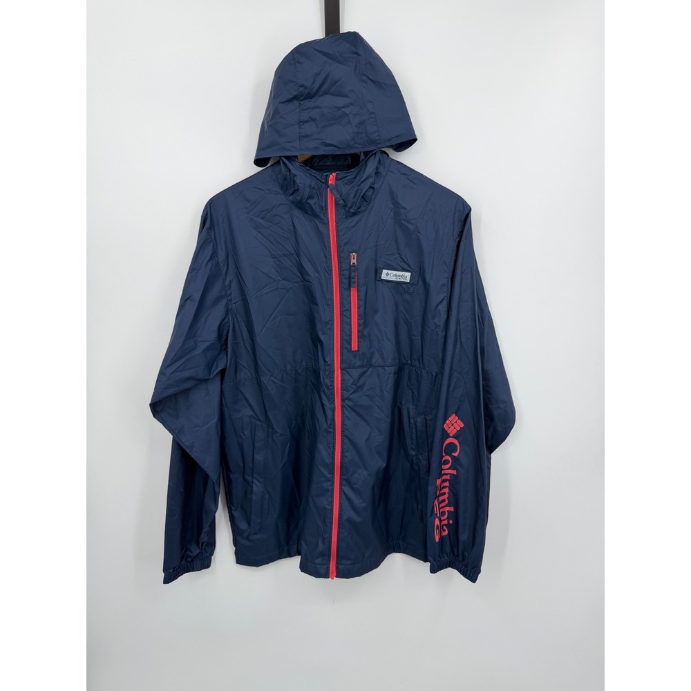 Columbia PFG Windbreaker Jacket Mens Medium Navy Red Hooded Full Zip XM0120